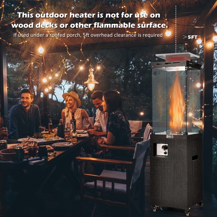 Propane patio heater with lockable wheels, weather-resistant design, providing warmth for outdoor gatherings.