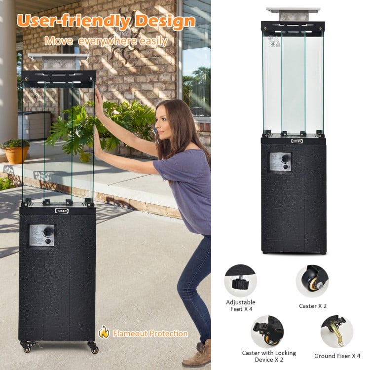 41,000 BTU propane patio heater in black with lockable wheels and tempered glass, ideal for outdoor warmth and.