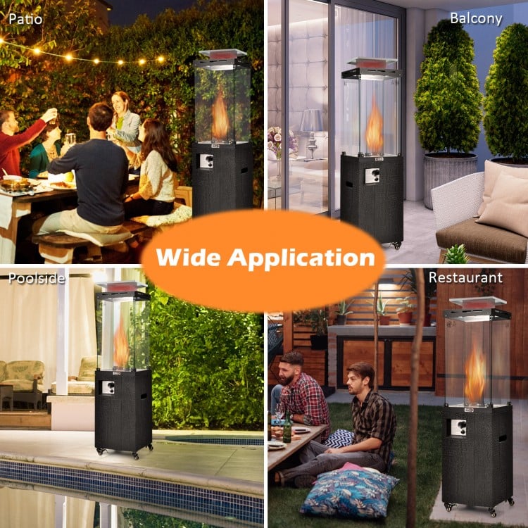 41,000 BTU propane patio heater in black with lockable wheels, ideal for outdoor gatherings on patio, balcony, or.