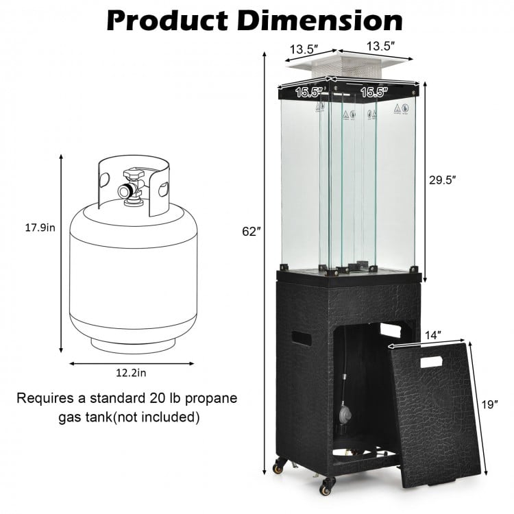 Dimensions of the 41,000 BTU propane patio heater with lockable wheels, showcasing height and gas tank requirements.