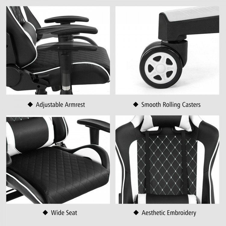Adjustable armrest and wide seat of the white massage gaming chair with lumbar support for ultimate comfort.