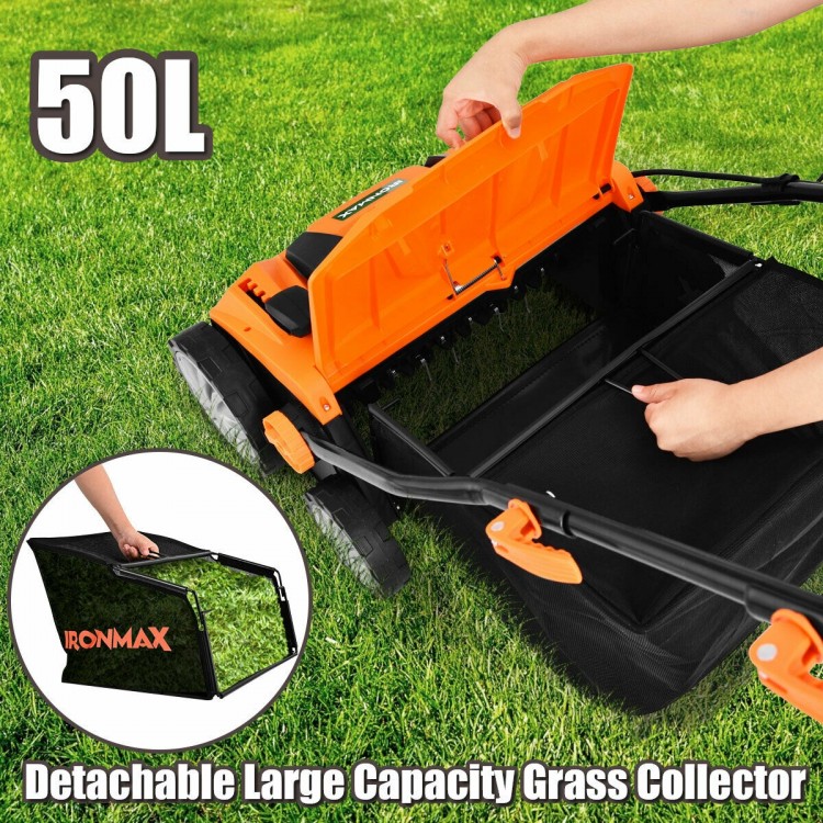 Detachable 50L grass collector for the 15-inch electric scarifier, featuring an orange design and easy access.