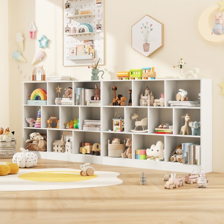 Wooden toy storage organizer with 10 open cubes, ideal for classrooms and nurseries, featuring a waterproof surface.