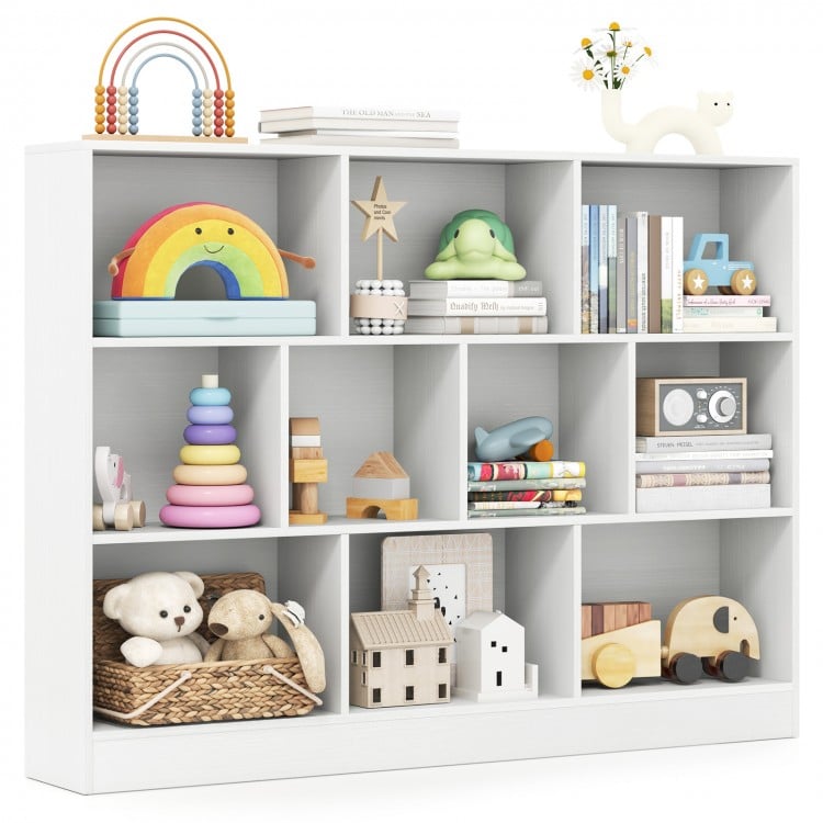 41-inch white wooden toy storage organizer with 10 open cubes, ideal for kids' rooms and classrooms, promoting.