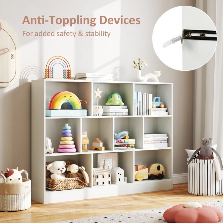 41-inch white wooden toy storage organizer with 10 cubes, ideal for classrooms and nurseries, featuring anti-toppling.