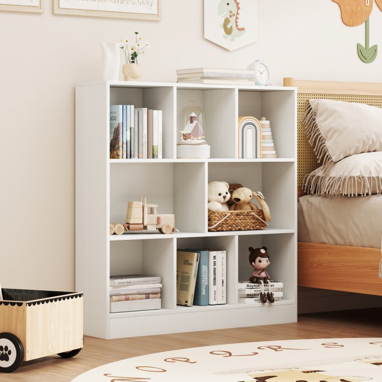 Freestanding 41-inch white bookcase with 8 open cubes, ideal for kids' rooms, offering ample storage and display space.