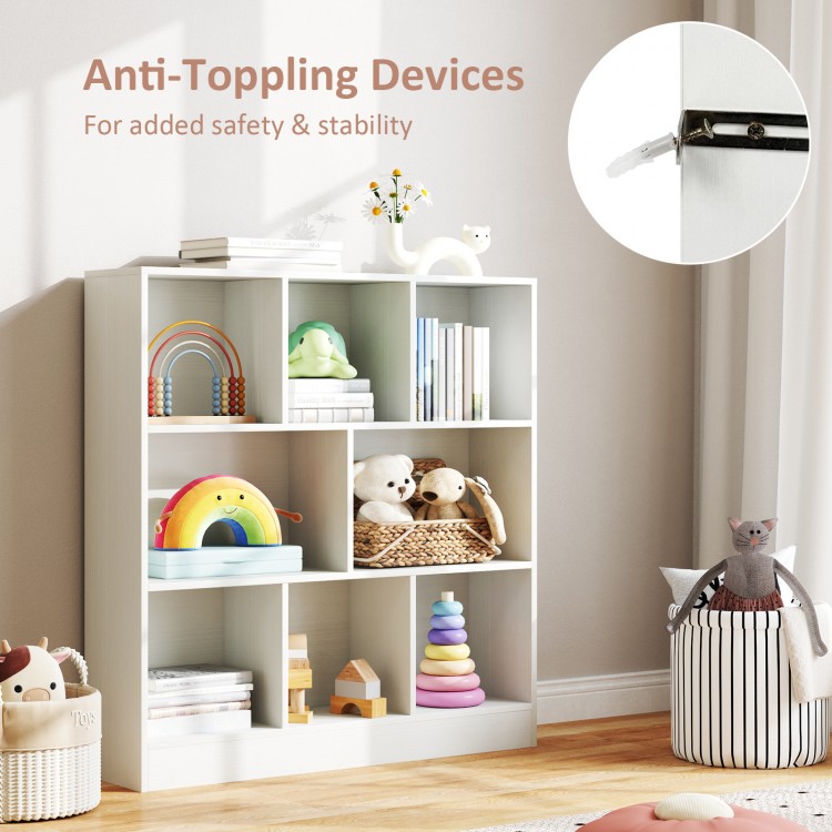 Freestanding 41-inch white bookcase with 8 open cubes, anti-toppling devices, ideal for kids' room organization.
