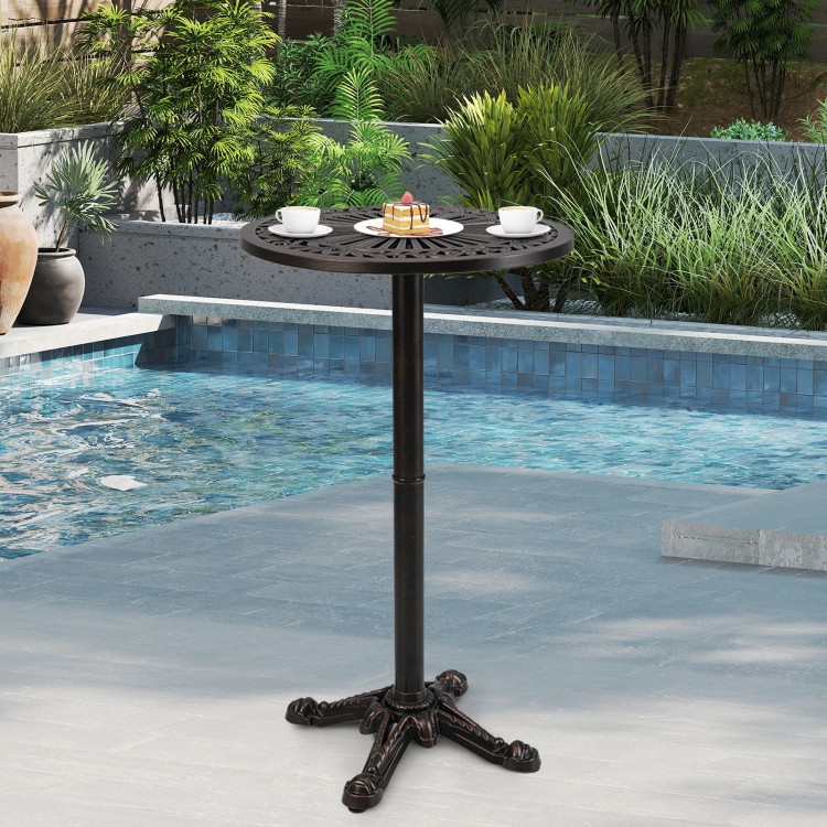 Round cast aluminum patio bar table in bronze, 41.5 inches tall, ideal for garden or poolside use.