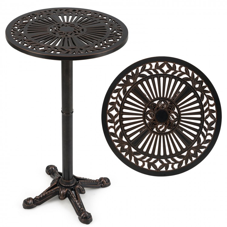 Round cast aluminum patio bar table with intricate patterns, adjustable foot pads, suitable for outdoor use in bronze.