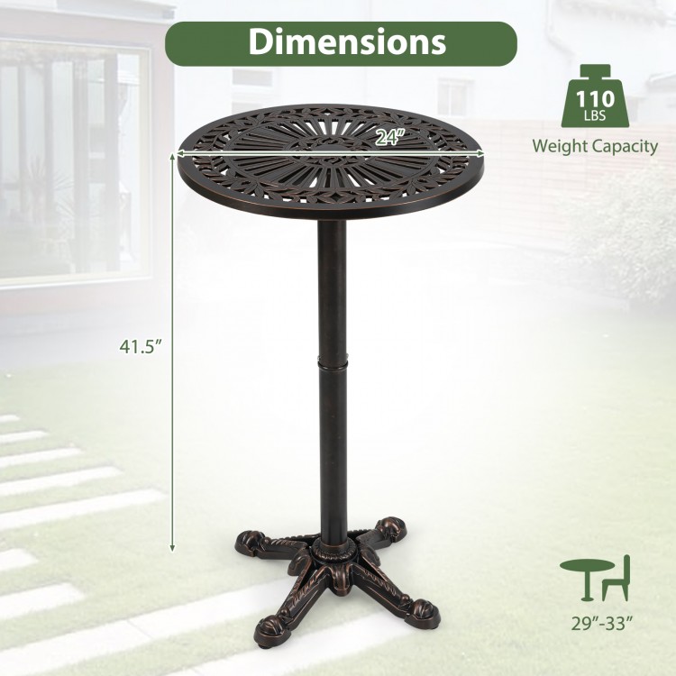 Round cast aluminum patio bar table with intricate patterns, adjustable height, and 110 lbs capacity for outdoor use.