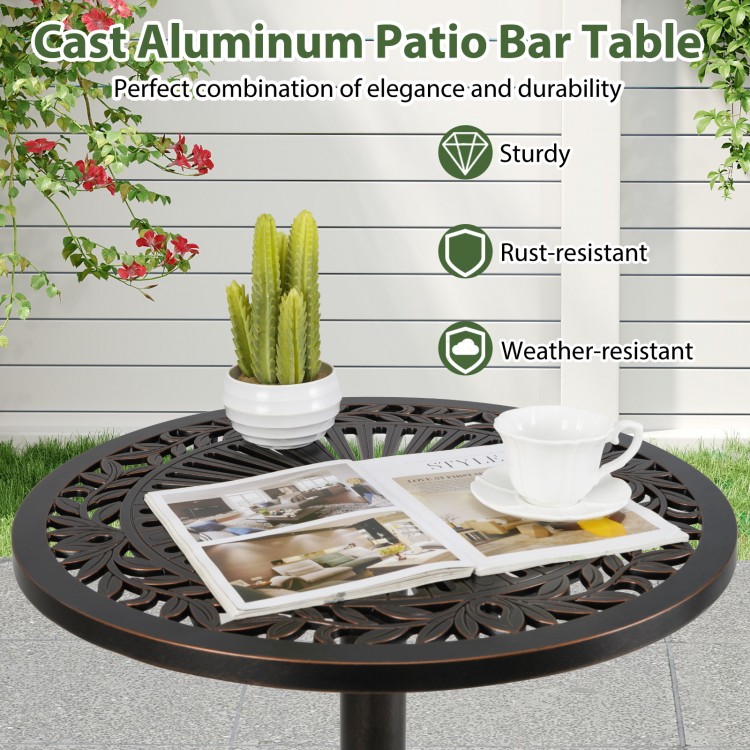 Round cast aluminum patio bar table in bronze, rust-resistant and weather-resistant, ideal for garden and poolside use.