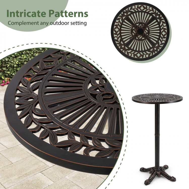 Round cast aluminum patio bar table with intricate patterns, rust-resistant, ideal for garden or poolside use.