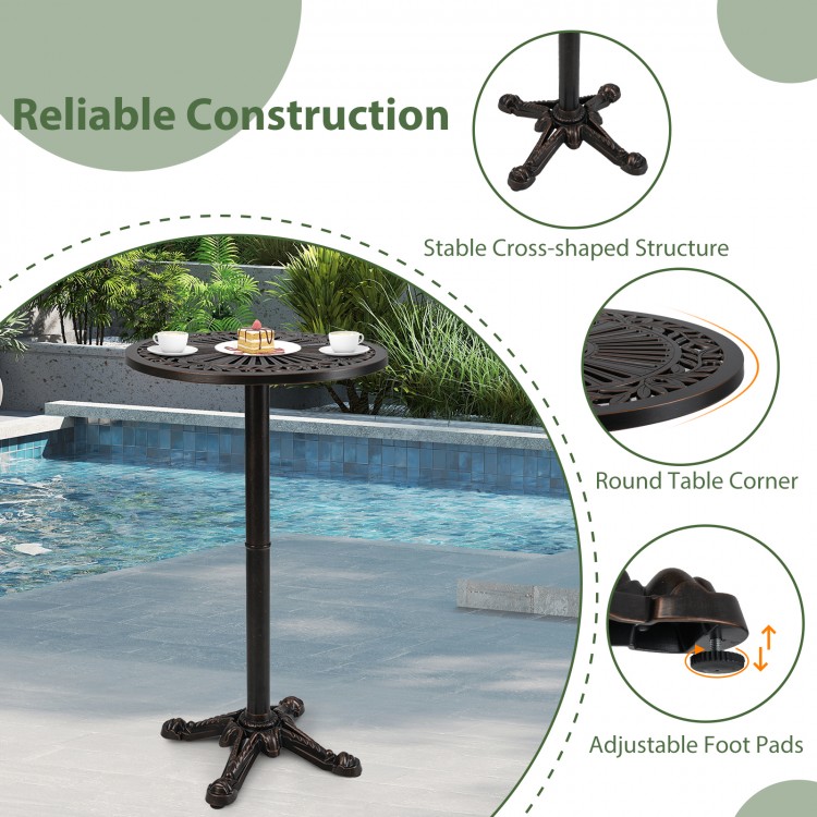 Round bar table with intricate patterns, made of rust-resistant cast aluminum, ideal for patio or garden use.