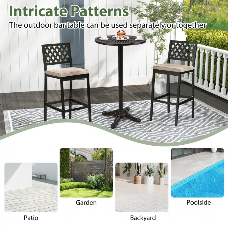 Round cast aluminum patio bar table with intricate patterns, suitable for garden, backyard, and poolside use.