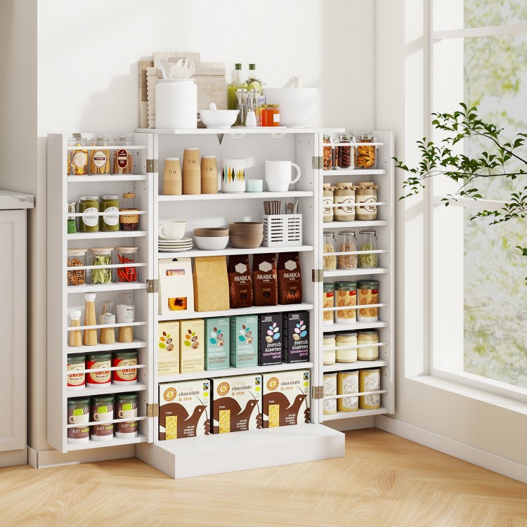Tall white pantry cabinet with 5 tiers and 6 adjustable door shelves, ideal for kitchen storage and organization.