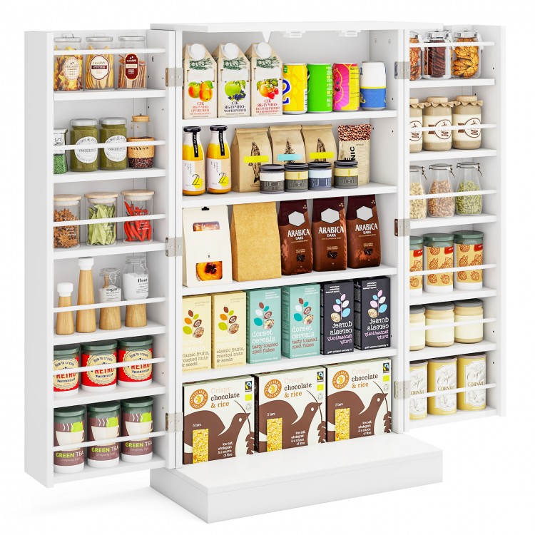 Interior view of a 41-inch tall white pantry cabinet showing organized jars and containers on adjustable shelves for.