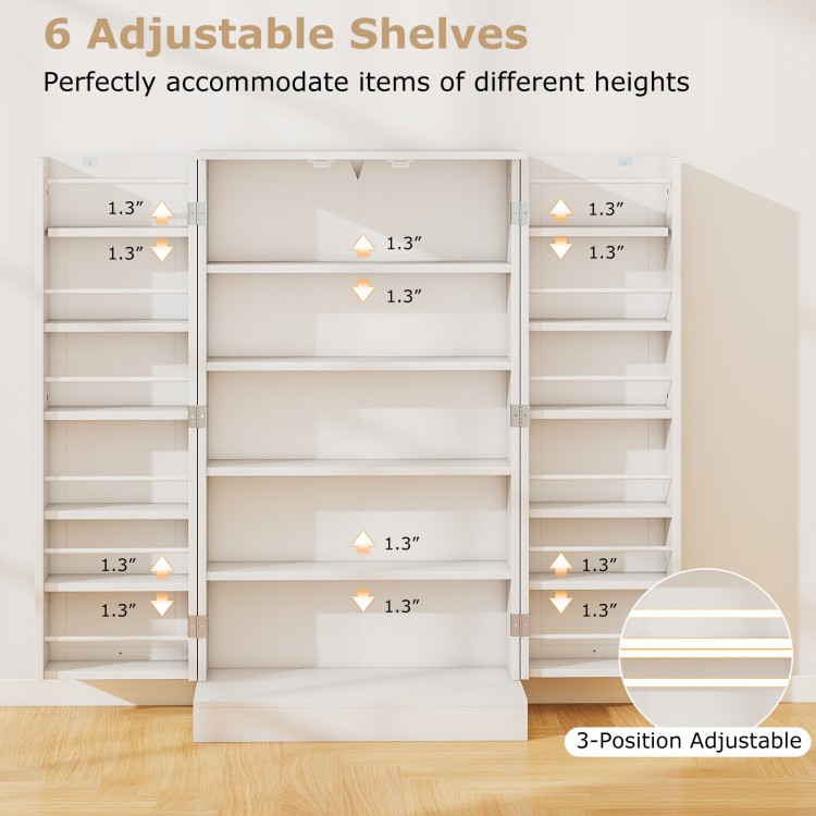Adjustable shelves in a 41-inch tall white pantry cabinet, designed for versatile kitchen storage and easy access.