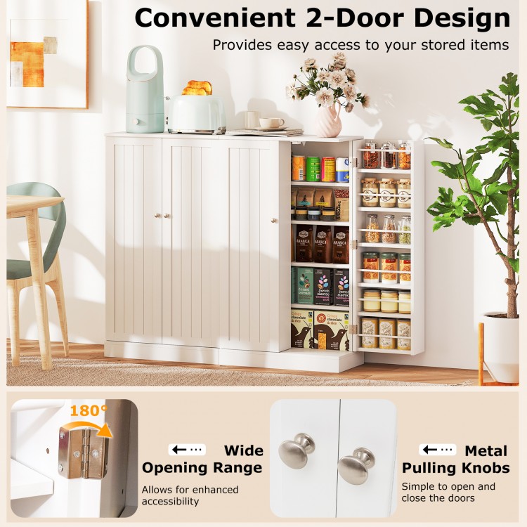 41-inch tall white pantry cabinet with 2 doors, 5 tiers, and 6 adjustable shelves for versatile kitchen storage.