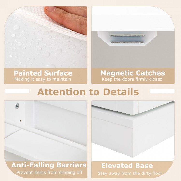 Close-up of the painted surface and magnetic catches of the 41-inch tall white pantry cabinet for easy maintenance.