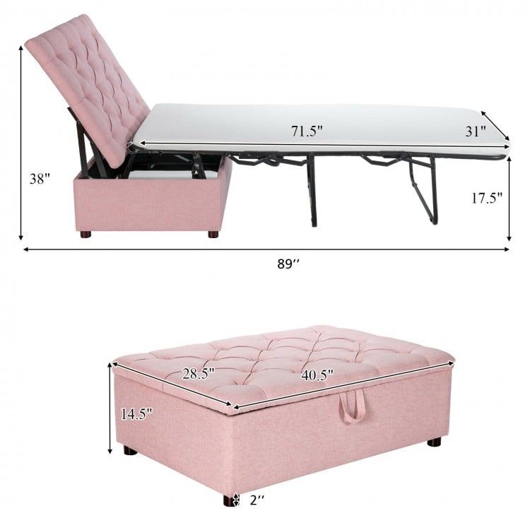 Folding ottoman sleeper bed in pink with a thick mattress, ideal for guest beds or office naps, measures 89" x 31".