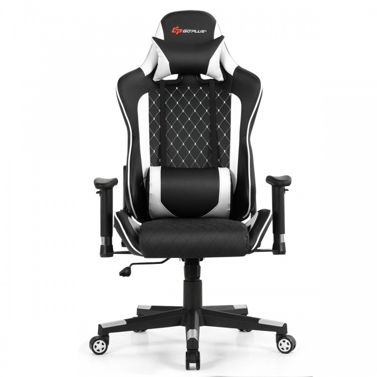 Massage gaming chair in black and white with lumbar support, adjustable backrest, and rolling wheels for comfort and.