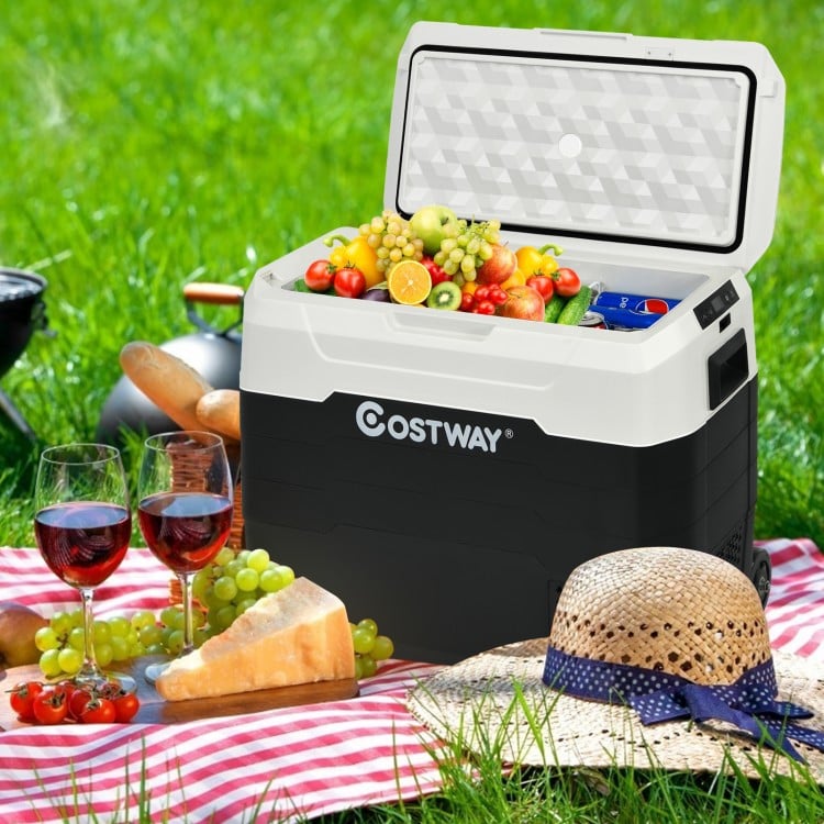 Portable 42 QT dual-zone car refrigerator in use, cooling beverages and fruits, ideal for picnics and outdoor.