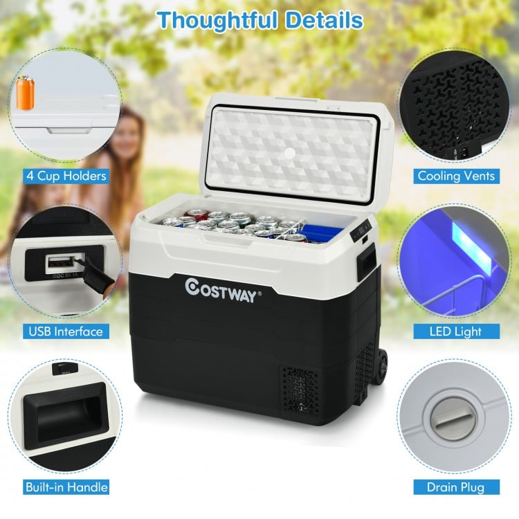Portable 42 QT dual-zone car refrigerator with wheels, USB interface, LED light, and 4 cup holders for outdoor use.
