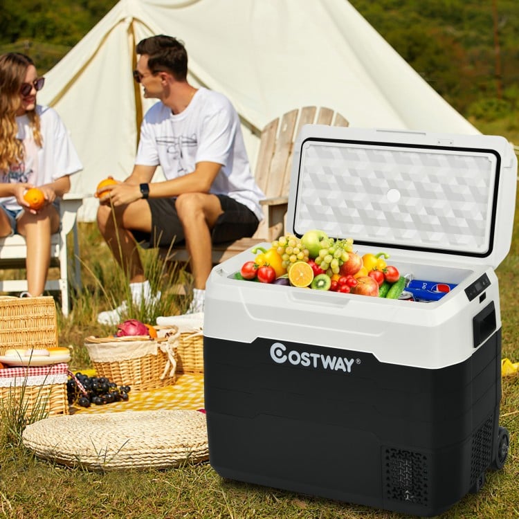 Portable 42 QT dual-zone car refrigerator in use, featuring fruits and beverages, ideal for camping and picnics.