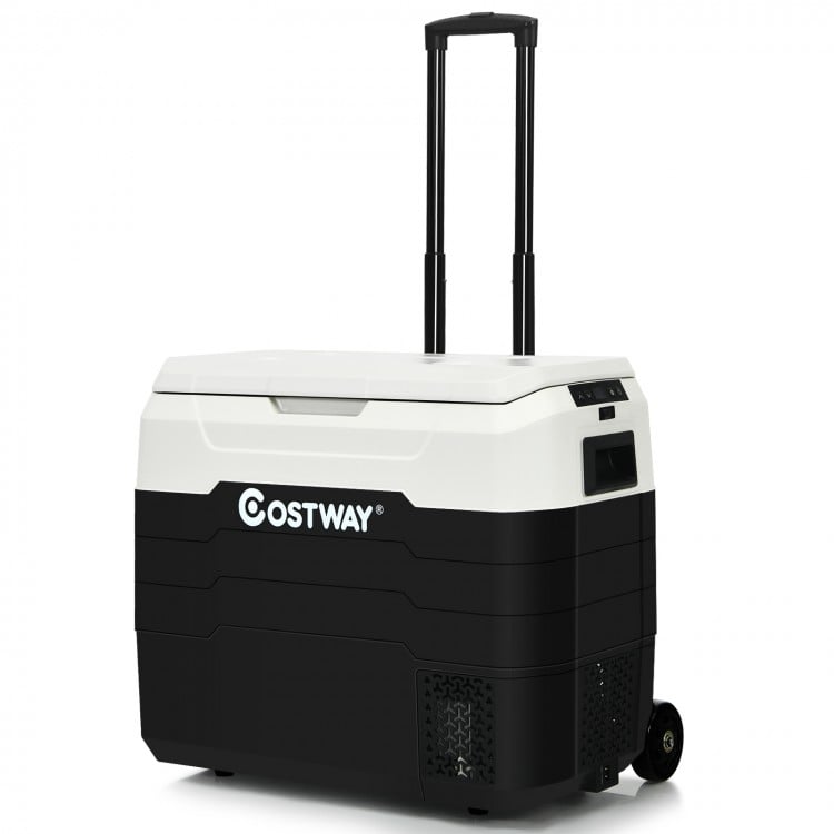 Portable 42 QT dual-zone car refrigerator in white with wheels and telescopic handle, ideal for camping and picnics.