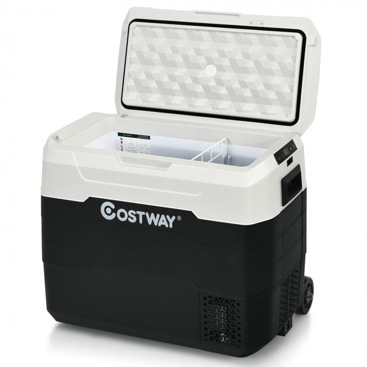 Portable 42 QT dual-zone car refrigerator in black and white, featuring wheels and a telescopic handle for easy.