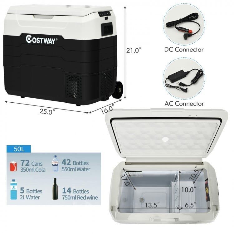 Portable 42 QT dual-zone car refrigerator in white with wheels, touch control, and large capacity for beverages and.