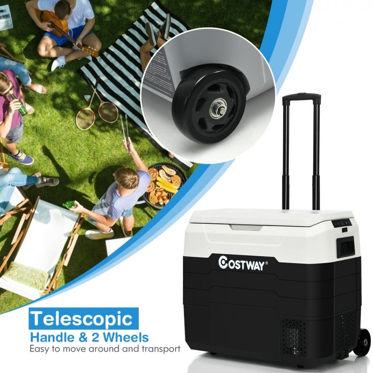 Portable 42 QT dual-zone car refrigerator with telescopic handle and wheels, ideal for picnics and camping.