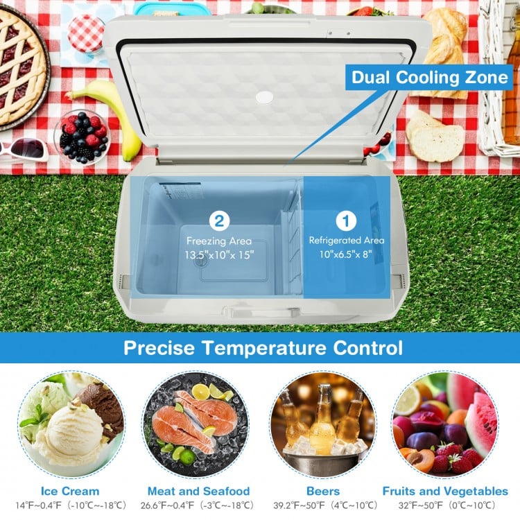 Portable 42 QT dual-zone car refrigerator in white with rapid cooling, large capacity, and convenient wheels for.