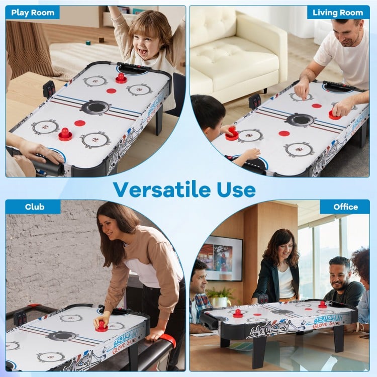 42-inch air hockey tabletop with two pushers, ideal for kids, featuring electronic scoring for versatile play in.