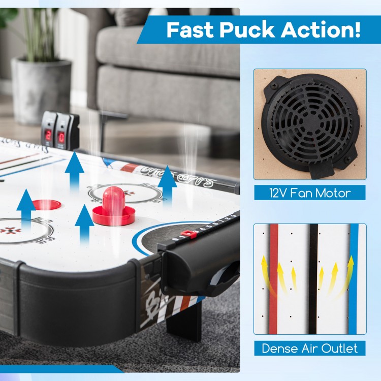 42-inch air hockey tabletop with 12V fan motor, featuring two pushers and electronic scoring for fun gameplay.
