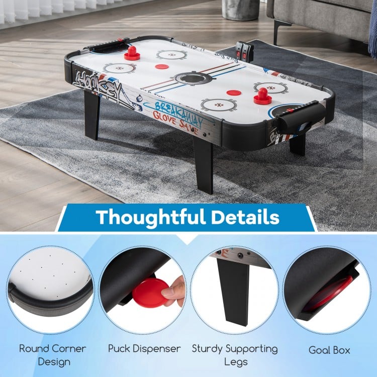 42-inch air hockey table with electronic scorer, two pushers, and sturdy MDF frame for compact indoor fun.