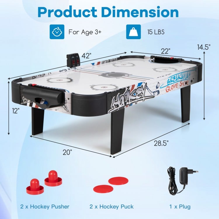42-inch air hockey tabletop with electronic scorer, includes 2 pushers and 2 pucks, perfect for kids' play.