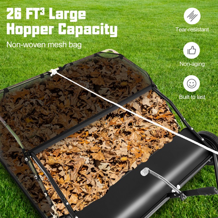 42-inch tow-behind lawn sweeper with a 26 FT³ tear-resistant hopper bag, ideal for collecting leaves and debris.