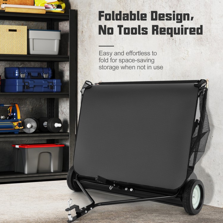 42-inch tow-behind lawn sweeper with foldable design and 26/27 cu.ft hopper bag for easy garden debris collection.