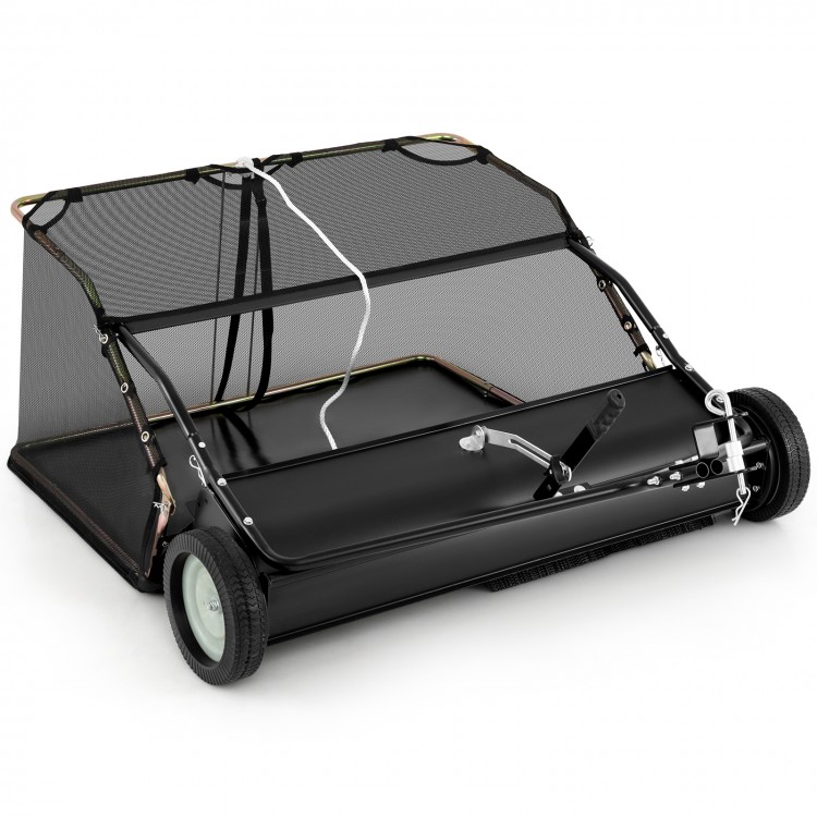 42-inch tow-behind lawn sweeper with a 26/27 cu.ft hopper bag, featuring adjustable height and robust mesh for debris.