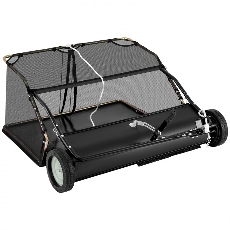 42-inch tow-behind lawn sweeper with a 26/27 cu.ft hopper bag, featuring adjustable height and robust wheels for easy.