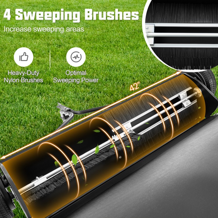 42-inch tow-behind lawn sweeper with 4 nylon brushes and 26/27 cu.ft hopper bag for efficient debris collection.