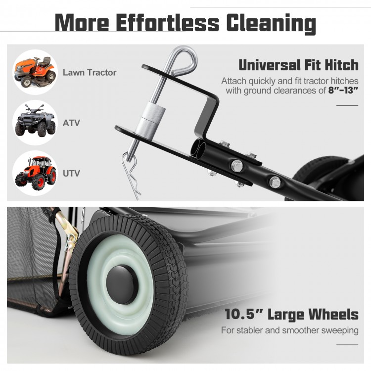 42-inch tow-behind lawn sweeper with 10.5" wheels and universal fit hitch for easy attachment to lawn tractors and ATVs.