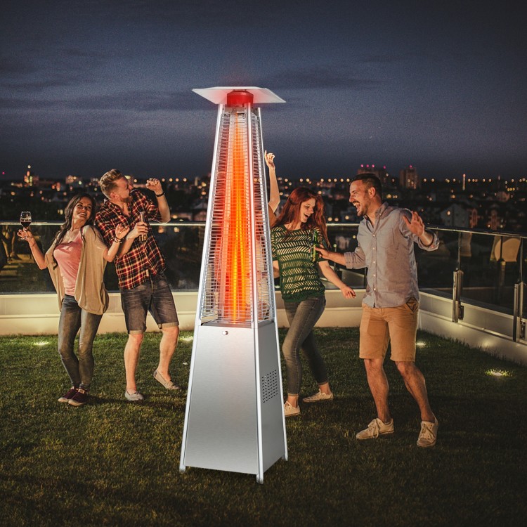 Pyramid patio heater with wheels, 42000 BTU, stainless steel burner, providing 360° warmth for outdoor gatherings.