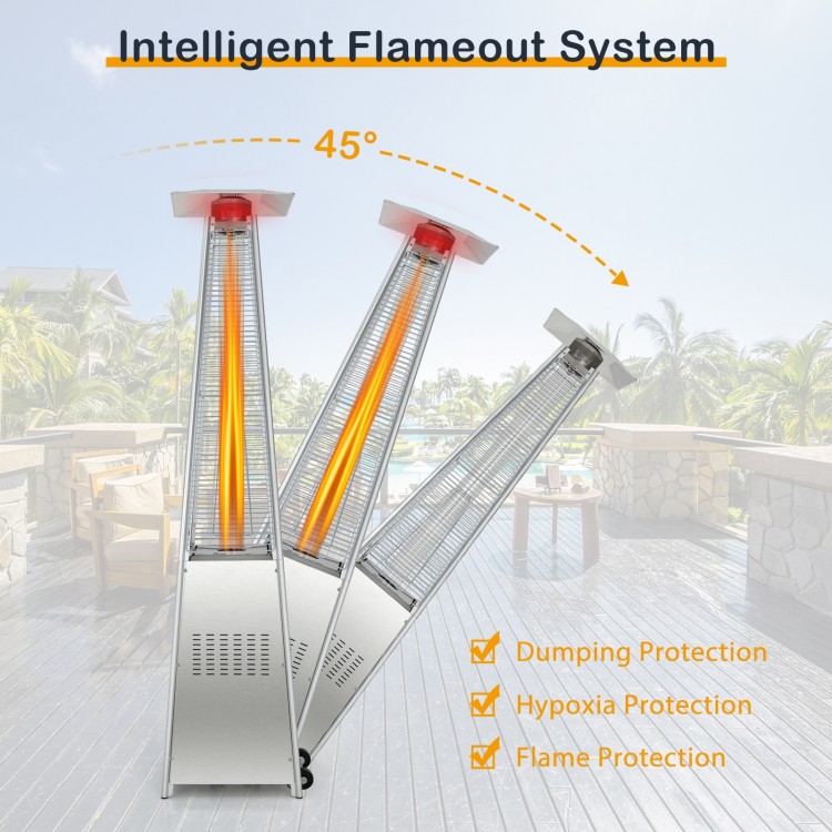 Pyramid patio heater with wheels, 42000 BTU, stainless steel, featuring intelligent flameout system for outdoor warmth.