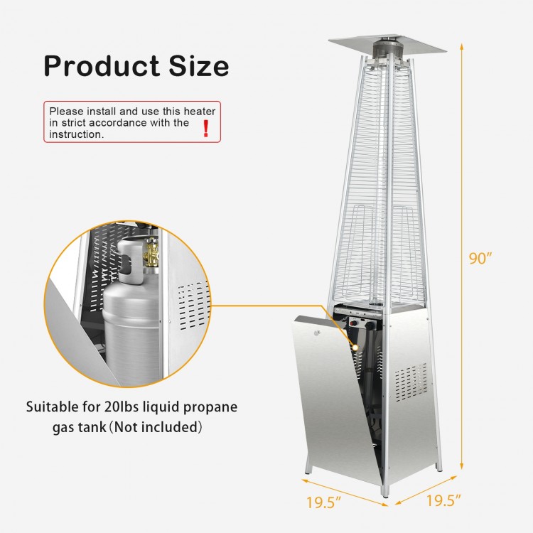 Pyramid patio heater with wheels, 42000 BTU stainless steel burner, 90 inches tall, ideal for outdoor warmth.