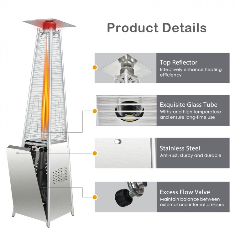Pyramid patio heater with wheels, 42000 BTU stainless steel burner, and mesmerizing glass flame tube for outdoor warmth.