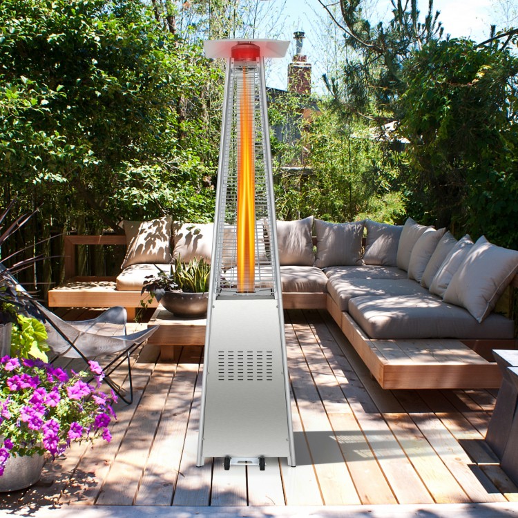 Pyramid patio heater with wheels, 42000 BTU stainless steel burner, providing 360° heat for outdoor comfort.