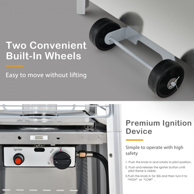 Close-up of the ignition device and control knob on the 42000 BTU Pyramid Patio Heater with wheels for easy operation.