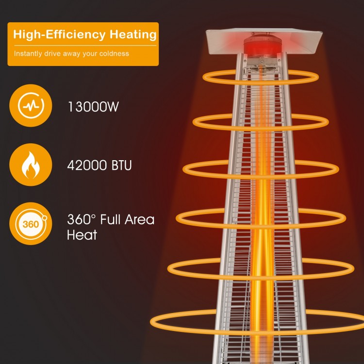 Pyramid patio heater with wheels, 42000 BTU, stainless steel burner, 360° full area heat for outdoor warmth.